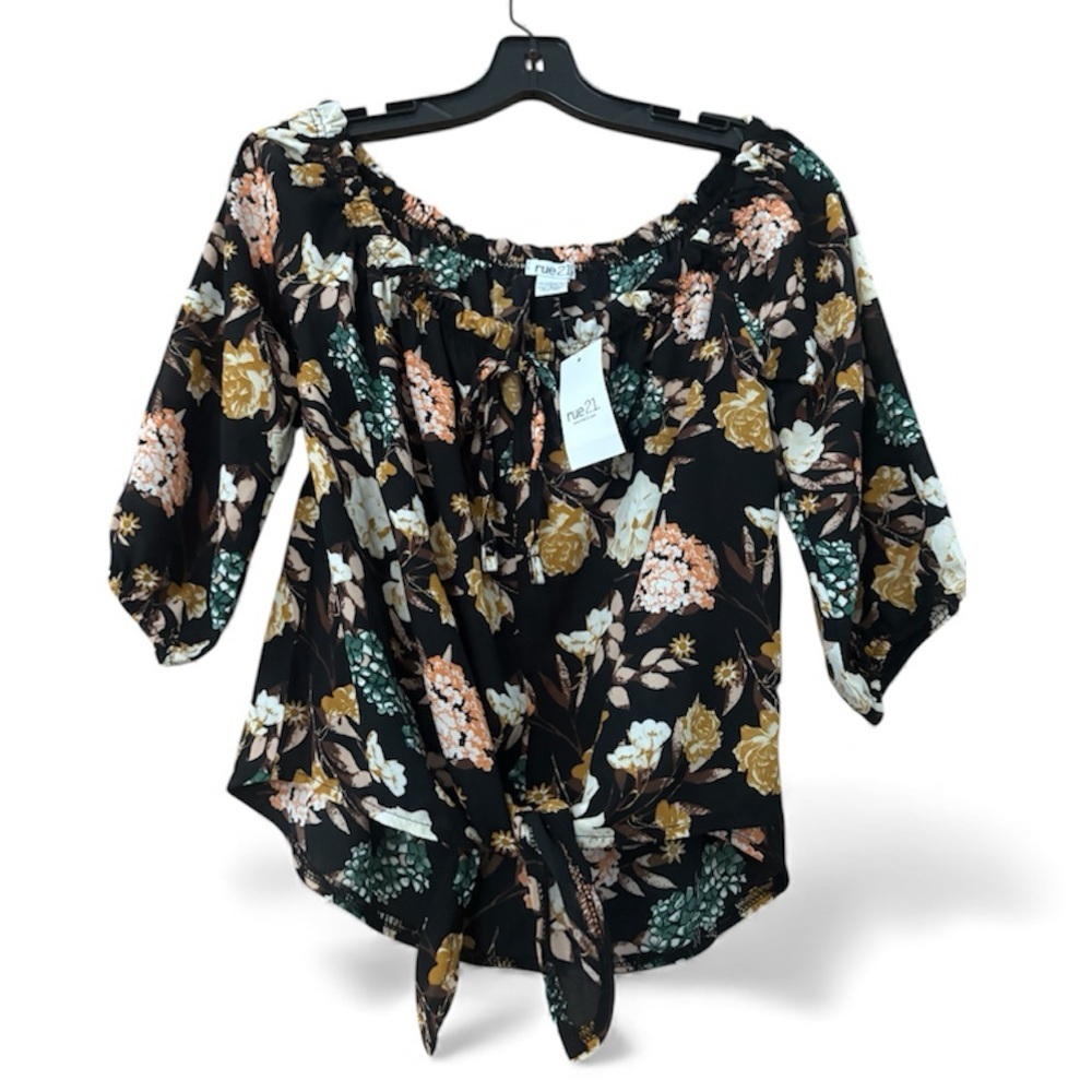 Rue21 Black Floral Blouse Gold and Green